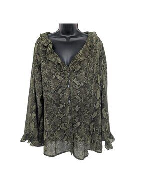 Avenue Snake Print Sheer Top Button Front Ruffle Boho Lightweight Indie Size 18